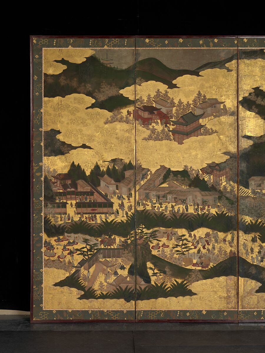 Cherry Blossom Viewing at Itsukushima and Yoshino, Pair of six-panel folding screens; ink, color, and gold leaf on paper, Japan