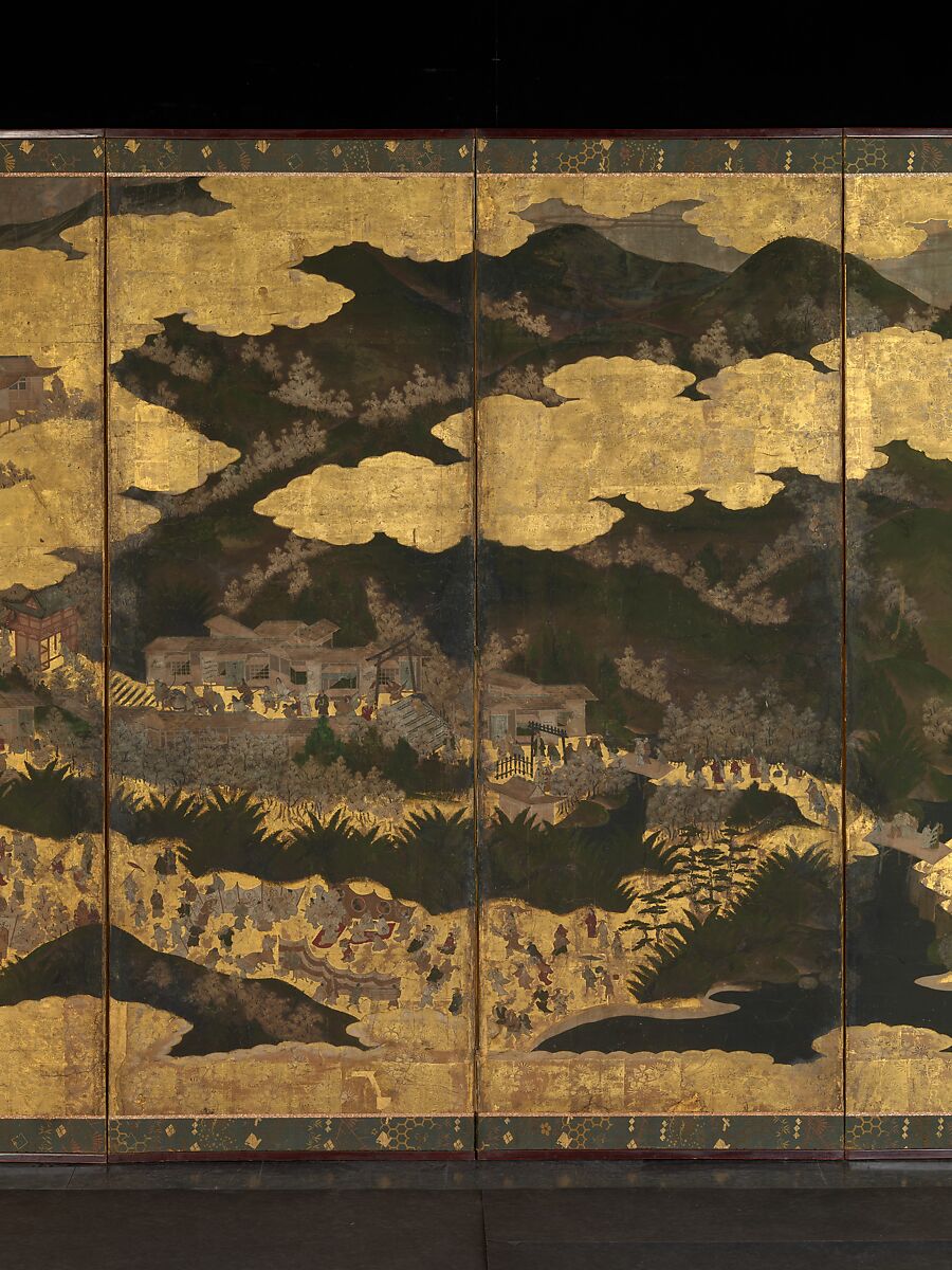 Cherry Blossom Viewing at Itsukushima and Yoshino, Pair of six-panel folding screens; ink, color, and gold leaf on paper, Japan