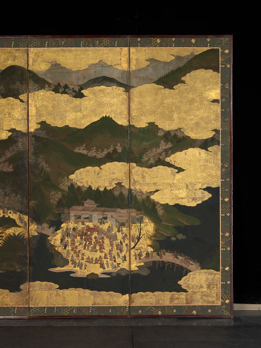 Cherry Blossom Viewing at Itsukushima and Yoshino, Pair of six-panel folding screens; ink, color, and gold leaf on paper, Japan