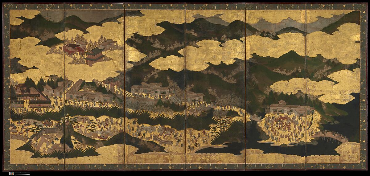 Cherry Blossom Viewing at Itsukushima and Yoshino, Pair of six-panel folding screens; ink, color, and gold leaf on paper, Japan 