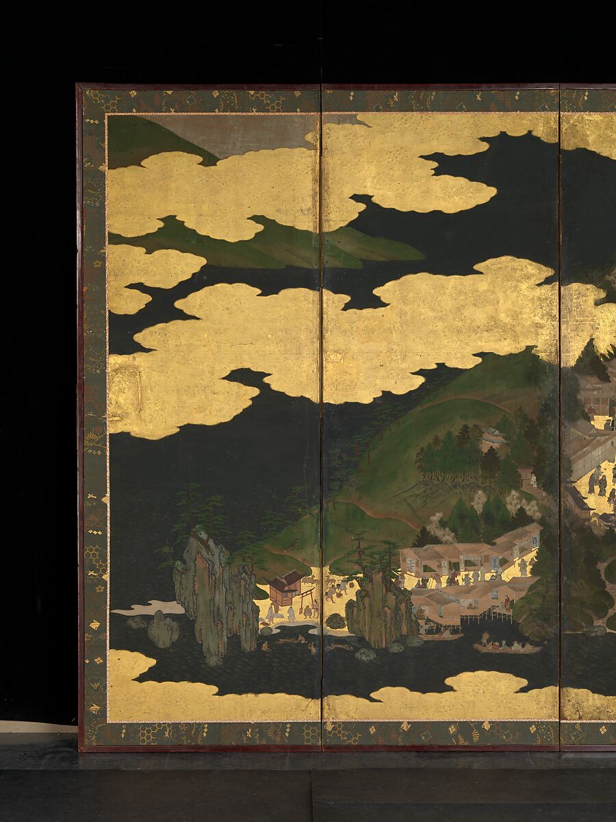 Cherry Blossom Viewing at Itsukushima and Yoshino, Pair of six-panel folding screens; ink, color, and gold leaf on paper, Japan