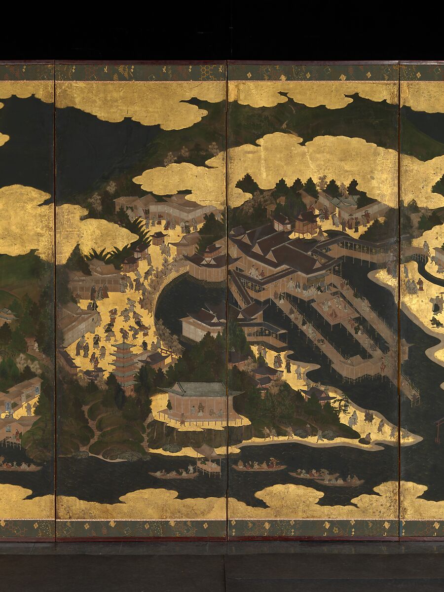 Cherry Blossom Viewing at Itsukushima and Yoshino, Pair of six-panel folding screens; ink, color, and gold leaf on paper, Japan