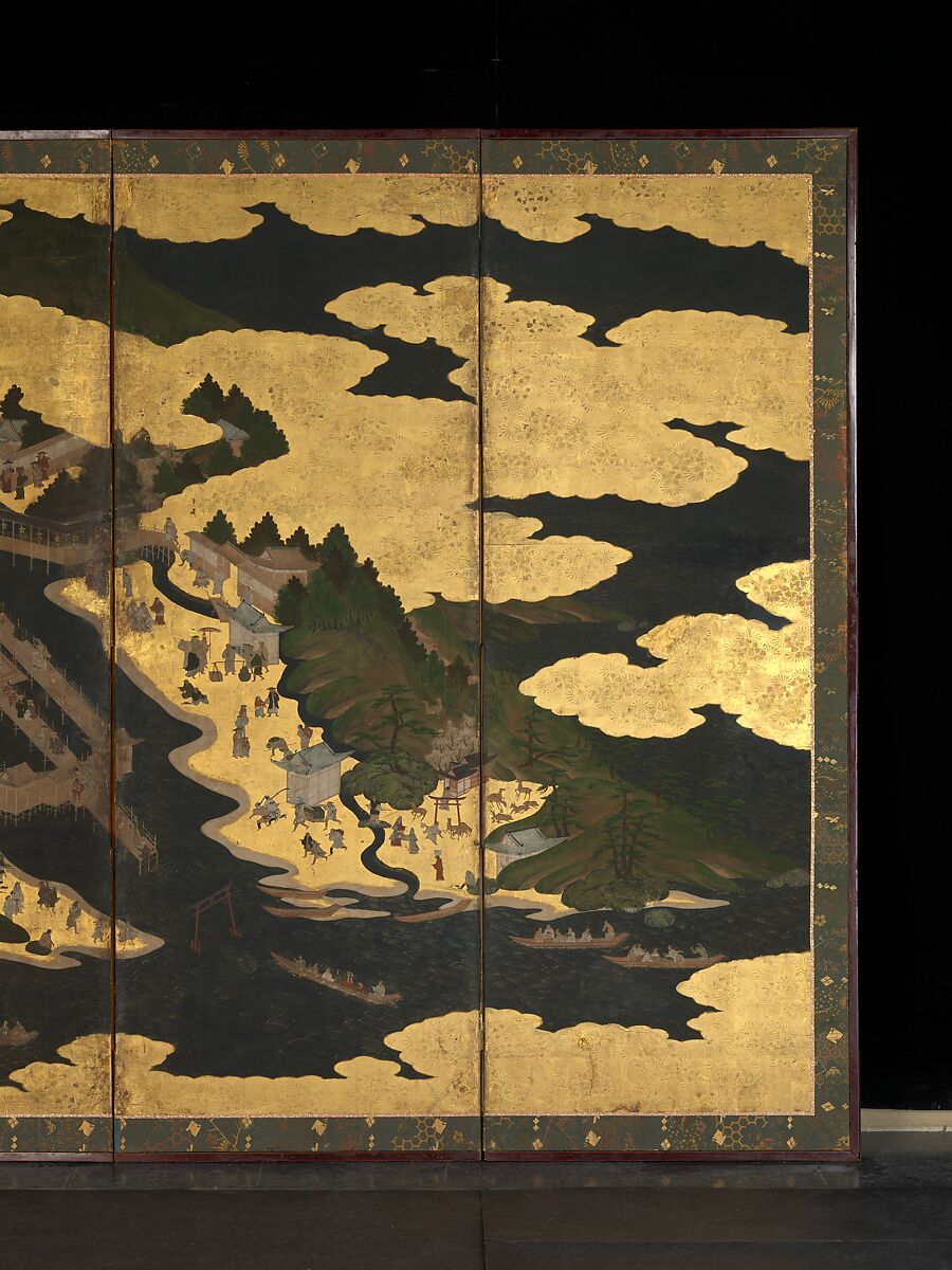 Cherry Blossom Viewing at Itsukushima and Yoshino, Pair of six-panel folding screens; ink, color, and gold leaf on paper, Japan