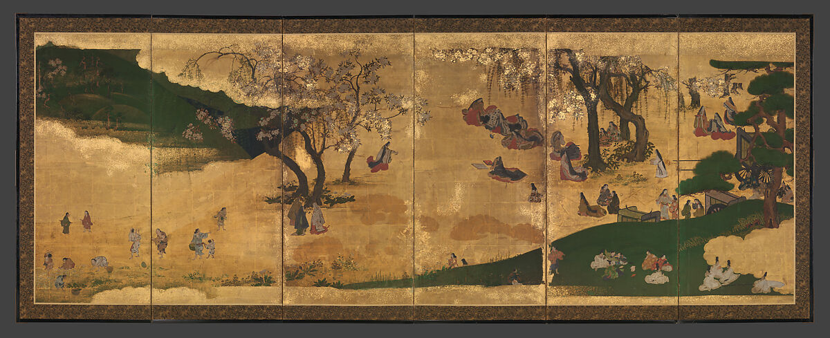 Cherry-Blossom and Maple-Leaf Viewing, Pair of six-panel folding screens; ink, color, and gold on gilded paper, Japan 