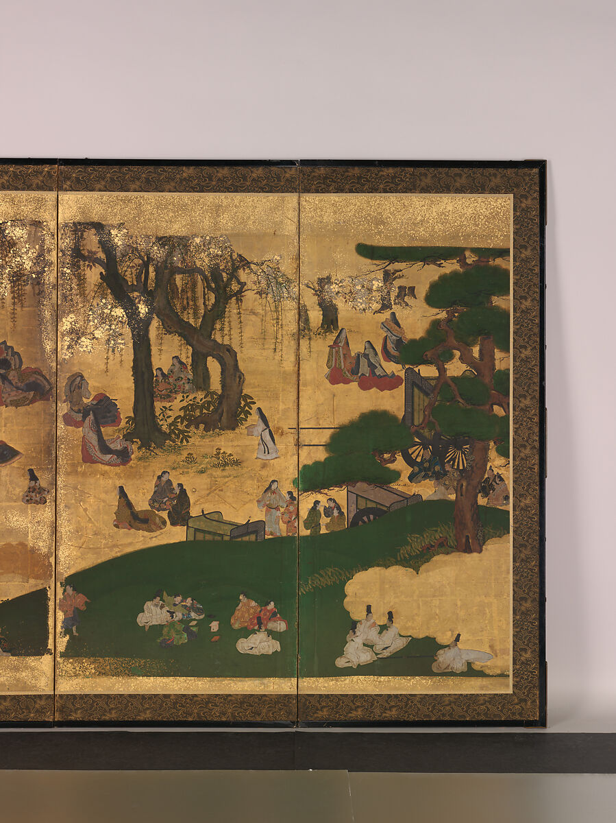 Cherry-Blossom and Maple-Leaf Viewing, Pair of six-panel folding screens; ink, color, and gold on gilded paper, Japan