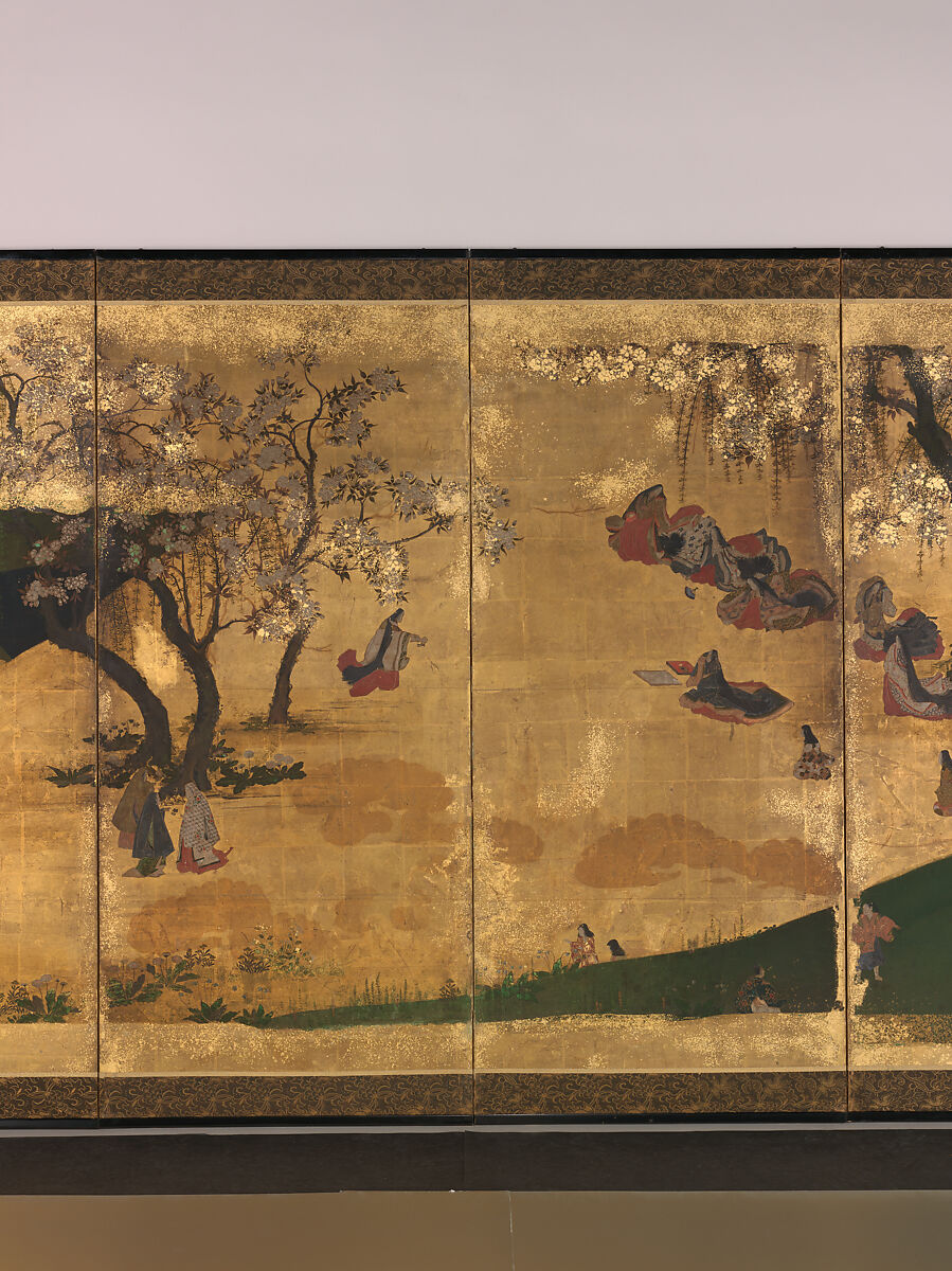 Cherry-Blossom and Maple-Leaf Viewing, Pair of six-panel folding screens; ink, color, and gold on gilded paper, Japan