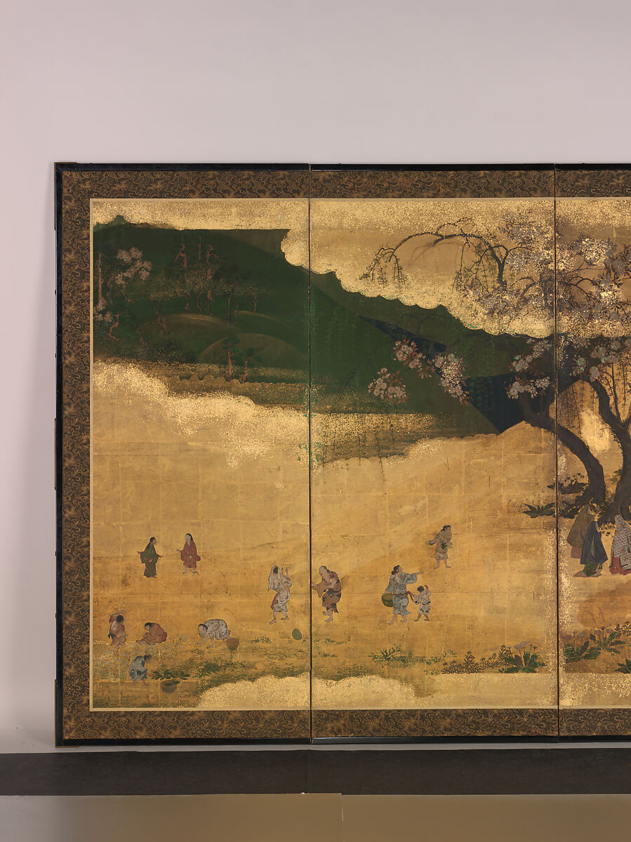 Cherry-Blossom and Maple-Leaf Viewing, Pair of six-panel folding screens; ink, color, and gold on gilded paper, Japan