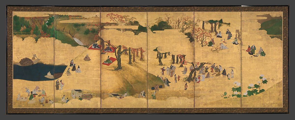 Cherry-Blossom and Maple-Leaf Viewing, Pair of six-panel folding screens; ink, color, and gold on gilded paper, Japan
