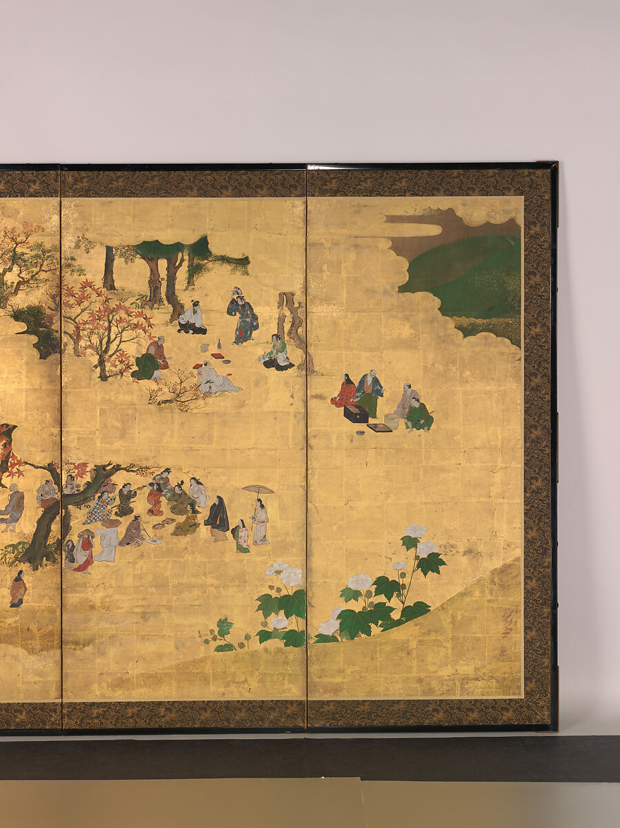 Cherry-Blossom and Maple-Leaf Viewing, Pair of six-panel folding screens; ink, color, and gold on gilded paper, Japan