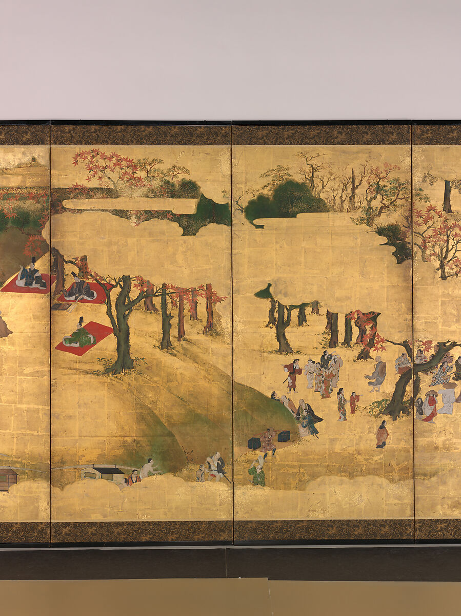 Cherry-Blossom and Maple-Leaf Viewing, Pair of six-panel folding screens; ink, color, and gold on gilded paper, Japan
