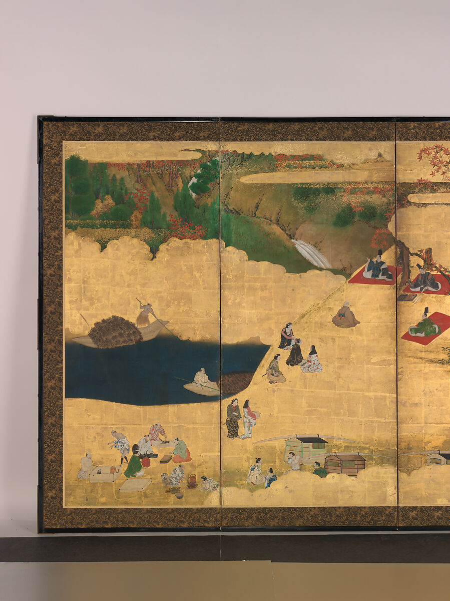 Cherry-Blossom and Maple-Leaf Viewing, Pair of six-panel folding screens; ink, color, and gold on gilded paper, Japan
