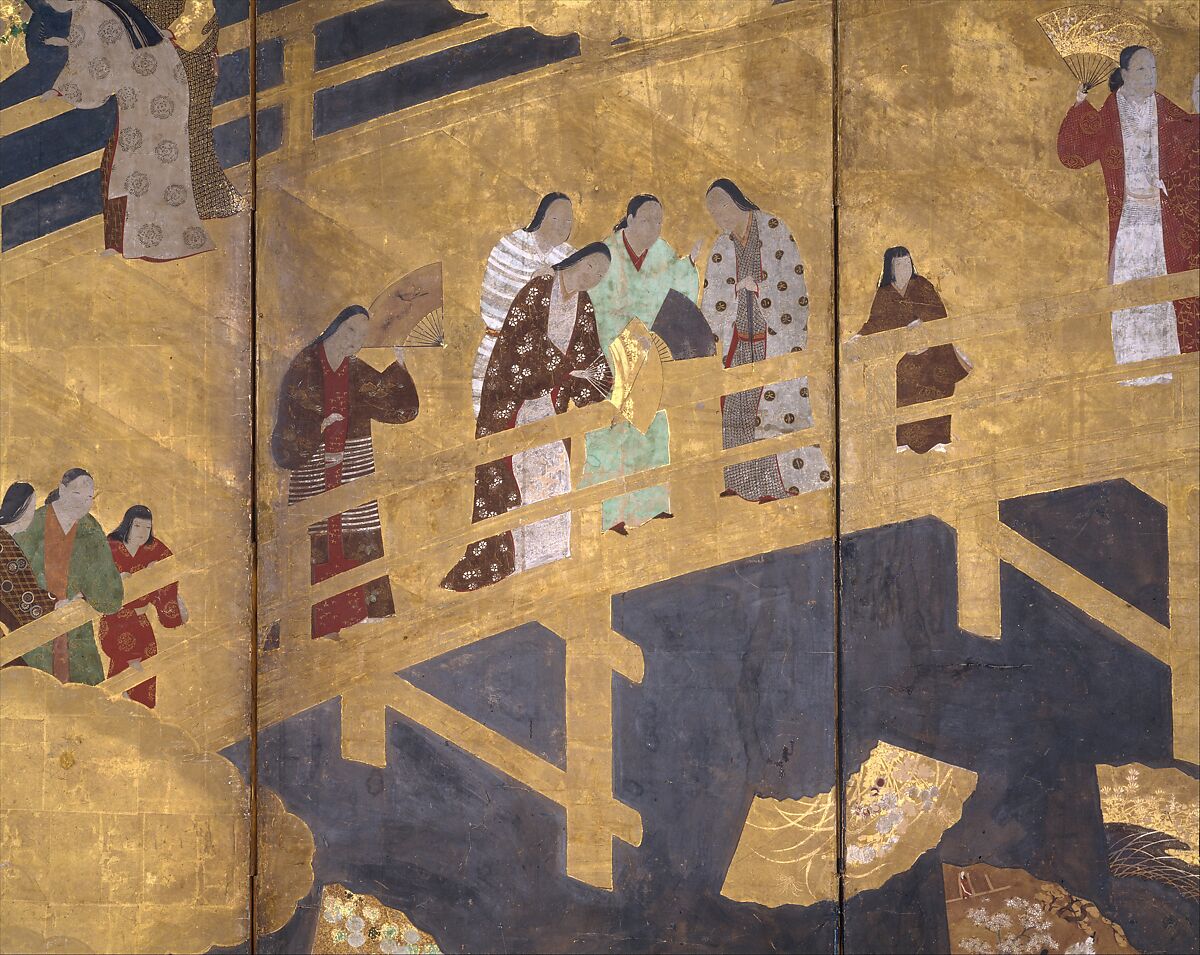 Women on a Bridge Tossing Fans into a River, Six-panel folding screen; ink, color, gold, and gold leaf on paper, Japan