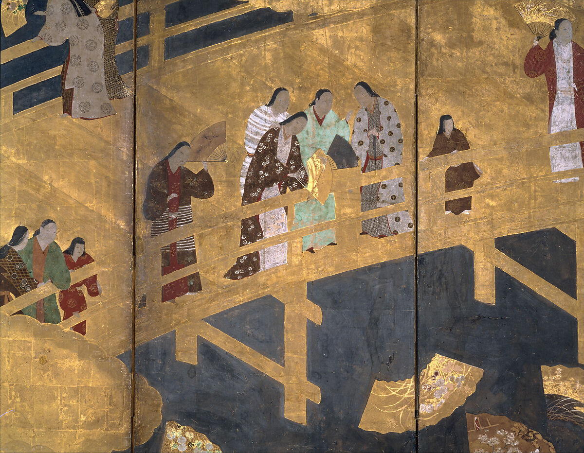 Women on a Bridge Tossing Fans into a River, Six-panel folding screen; ink, color, gold, and gold leaf on paper, Japan