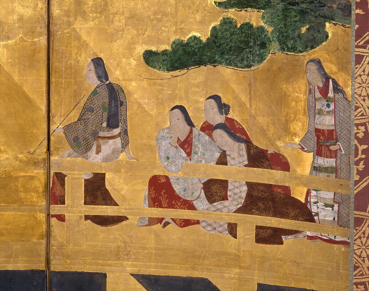 Women on a Bridge Tossing Fans into a River, Six-panel folding screen; ink, color, gold, and gold leaf on paper, Japan