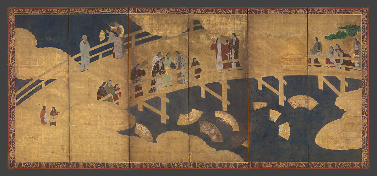 Women on a Bridge Tossing Fans into a River, Six-panel folding screen; ink, color, gold, and gold leaf on paper, Japan 