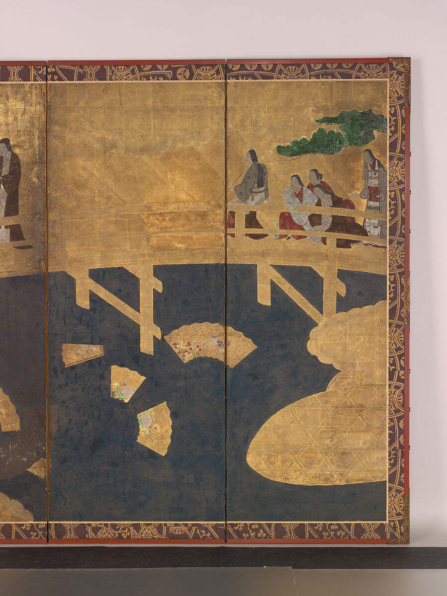 Women on a Bridge Tossing Fans into a River, Six-panel folding screen; ink, color, gold, and gold leaf on paper, Japan