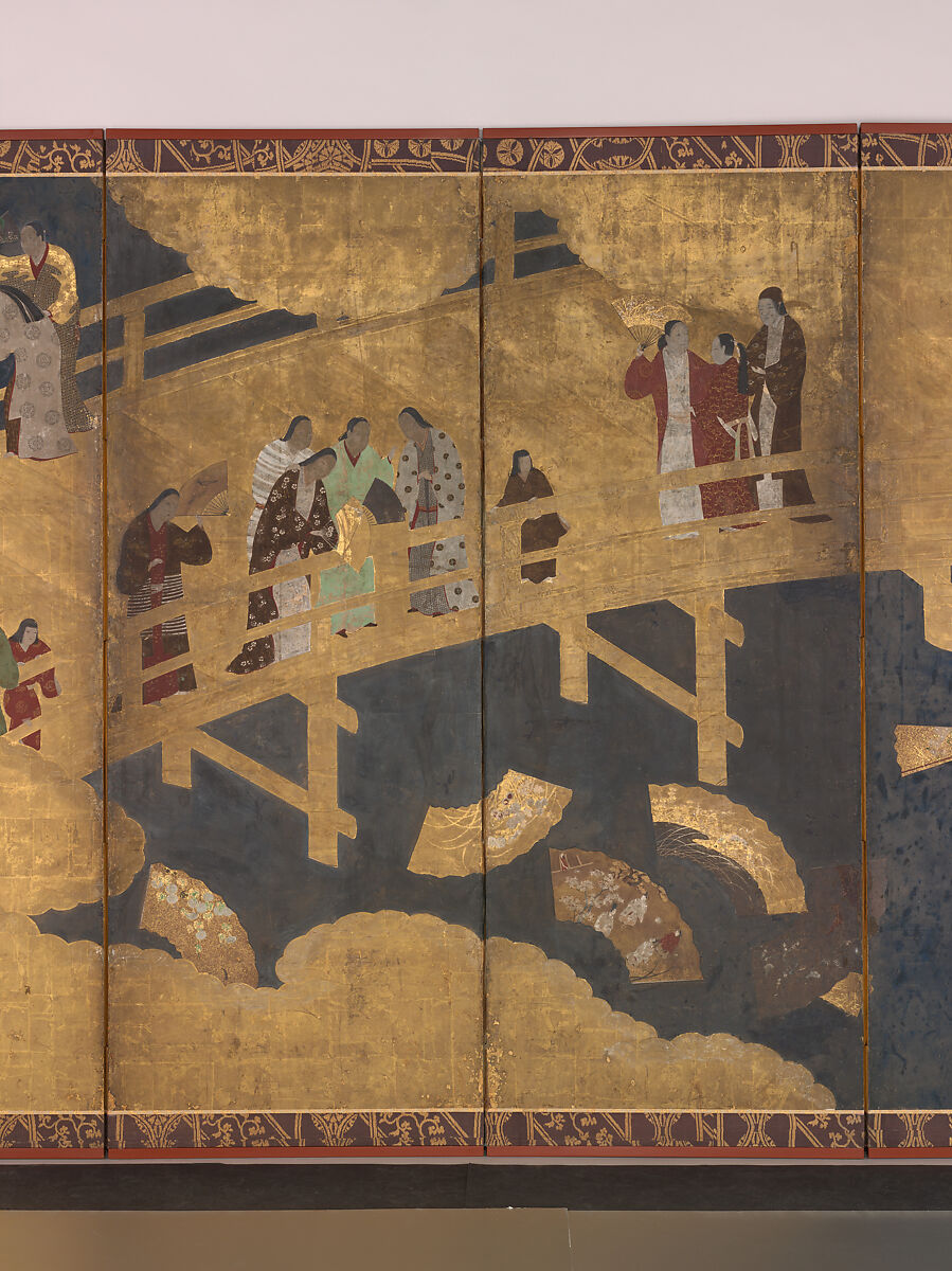 Women on a Bridge Tossing Fans into a River, Six-panel folding screen; ink, color, gold, and gold leaf on paper, Japan