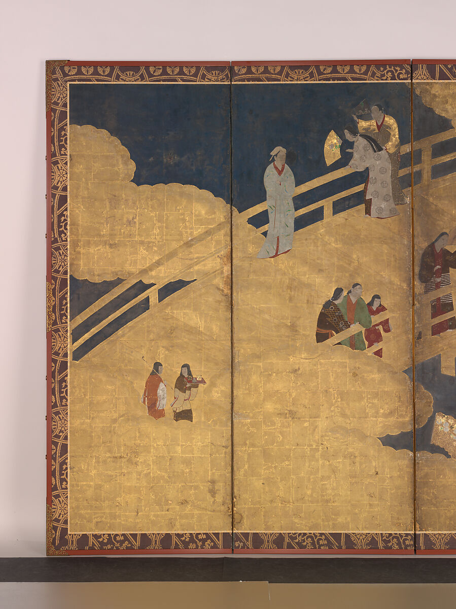 Women on a Bridge Tossing Fans into a River, Six-panel folding screen; ink, color, gold, and gold leaf on paper, Japan