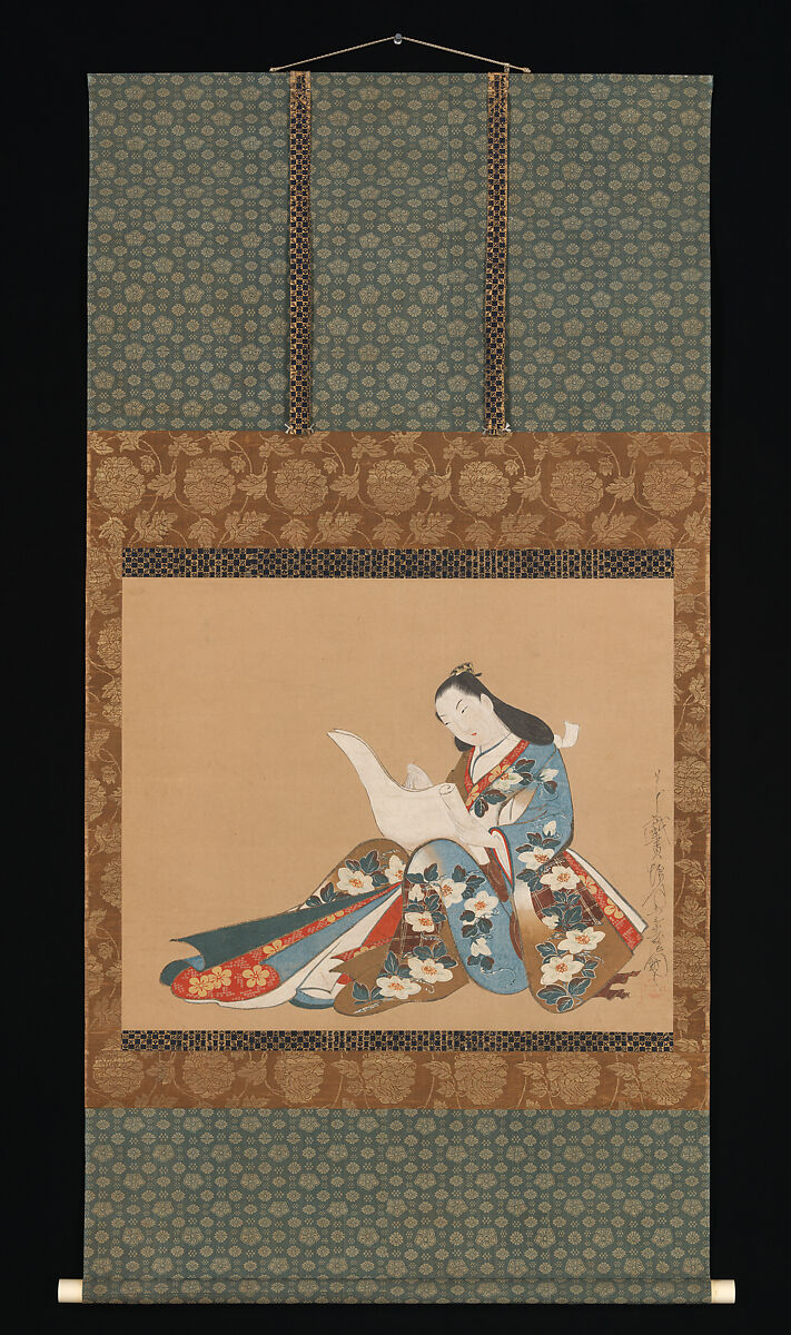 Courtesan Writing a Letter, Kaigetsudō Doshin (Japanese, active 1711–1736), Hanging scroll; ink and color on paper, Japan