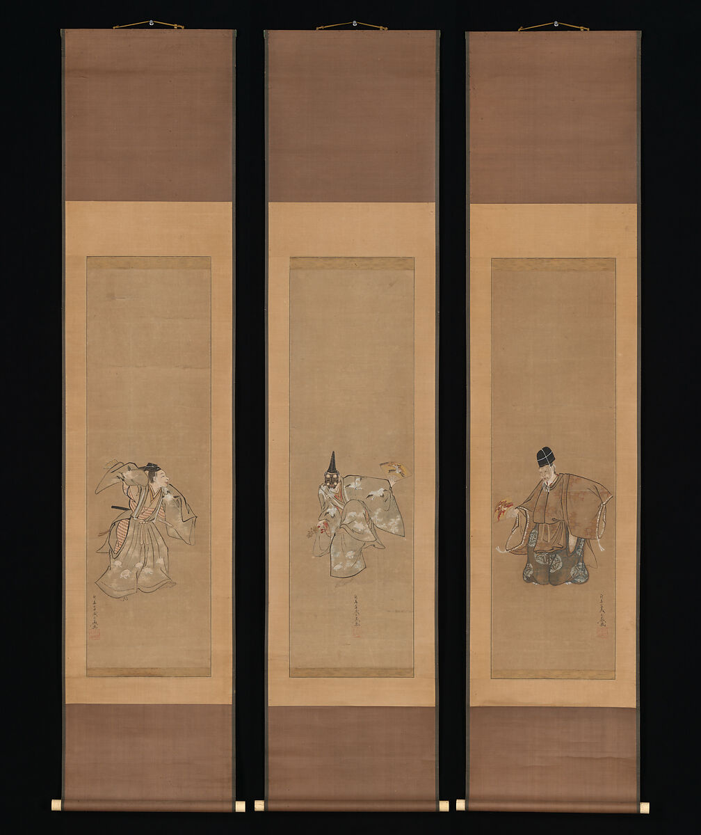 The Auspicious Noh Dance "Okina", Toriyama Sekien (Japanese, 1712–1788), Triptych of hanging scrolls; ink, color, and gold on paper, Japan 