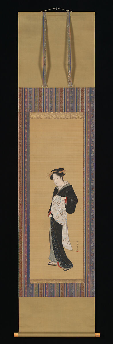 Woman in a Black Kimono, Katsukawa Shunshō 勝川春章 (Japanese, 1726–1792), Hanging scroll; ink, color, and gold on silk, Japan