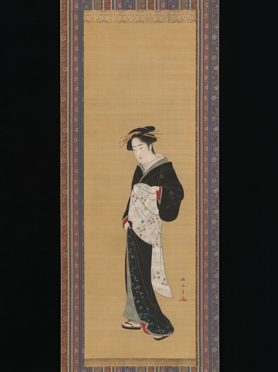 Woman in a Black Kimono, Katsukawa Shunshō 勝川春章 (Japanese, 1726–1792), Hanging scroll; ink, color, and gold on silk, Japan 