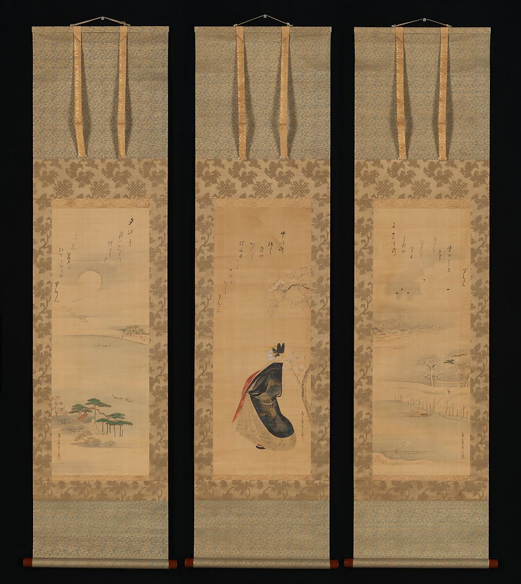 Snow, Moon, and Cherry Blossoms (Yoshiwara in Three Seasons), Chōbunsai Eishi (Japanese, 1756–1829), Triptych of  hanging scrolls; ink, color, and gold on silk, Japan 