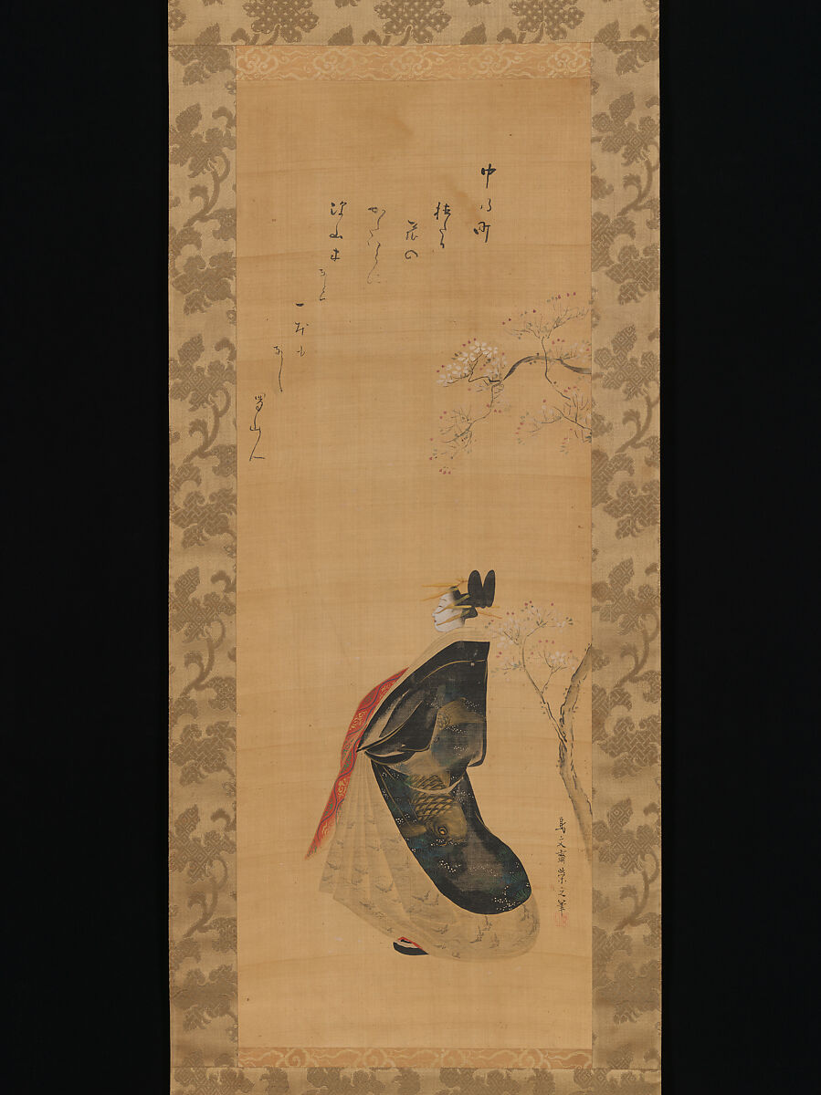 Snow, Moon, and Cherry Blossoms (Yoshiwara in Three Seasons), Chōbunsai Eishi (Japanese, 1756–1829), Triptych of  hanging scrolls; ink, color, and gold on silk, Japan