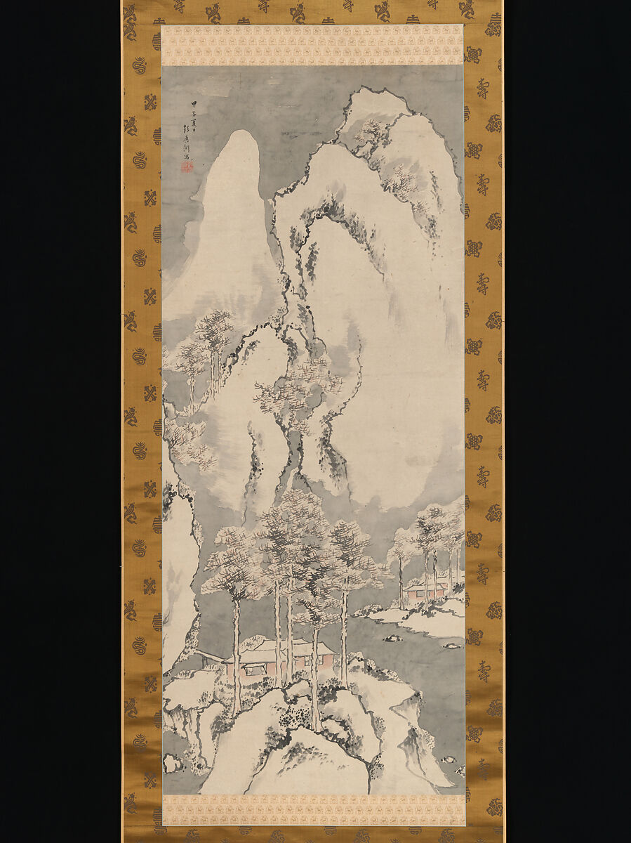 Snowy Landscape, Sakaki Hyakusen (1697–1752), Hanging scroll; ink and color on paper, Japan 