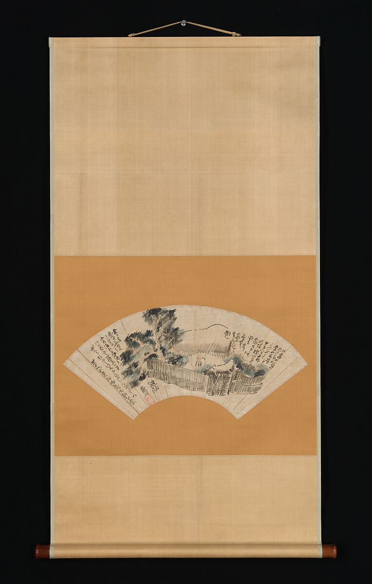 Scene from The Narrow Road to the Deep North, Yosa Buson (Japanese, 1716–1783), Folding fan mounted as a hanging scroll; ink and color on paper, Japan