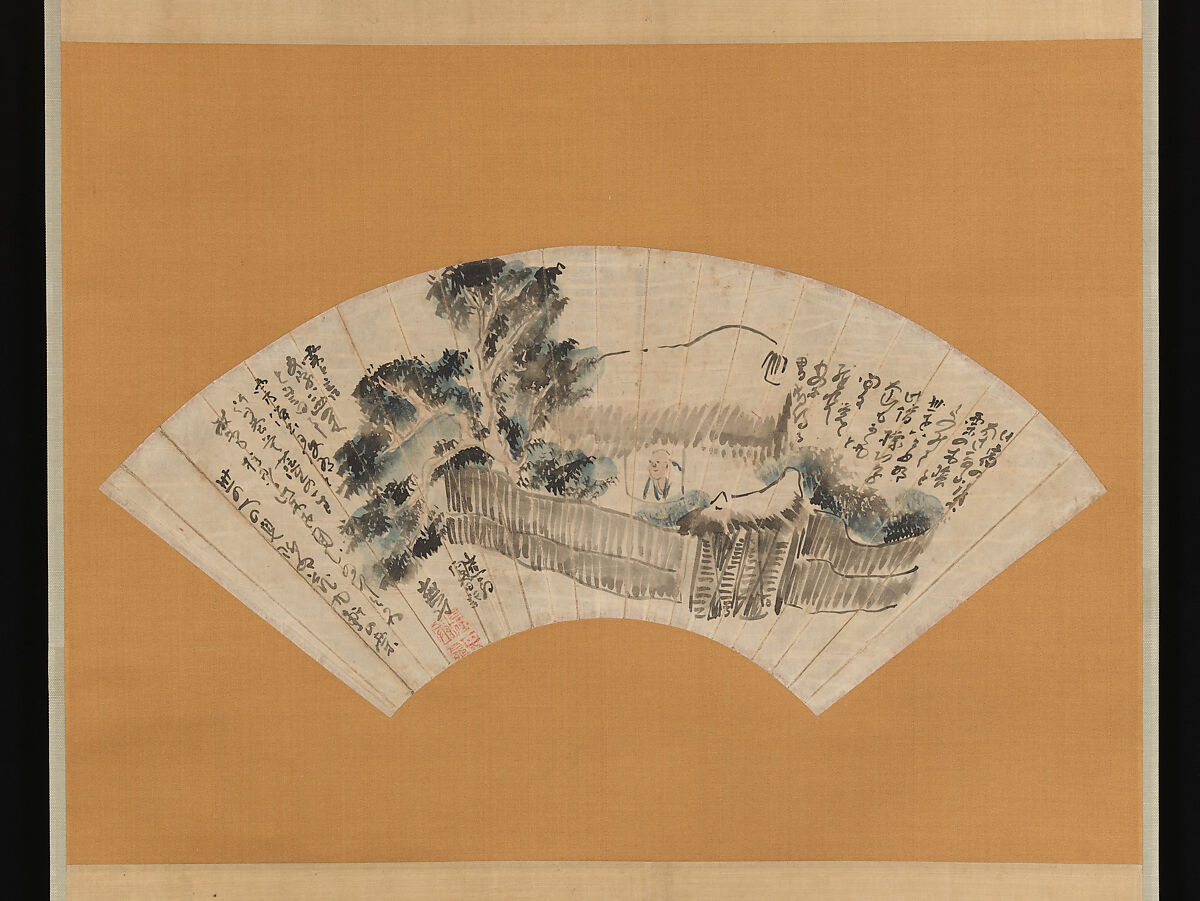 Scene from The Narrow Road to the Deep North, Yosa Buson (Japanese, 1716–1783), Folding fan mounted as a hanging scroll; ink and color on paper, Japan 