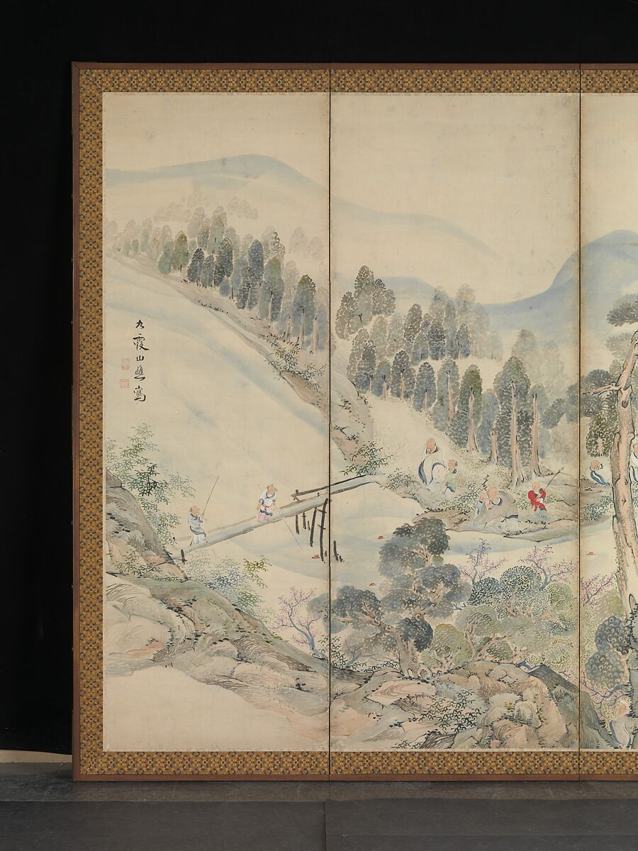 Orchid Pavilion Gathering; Autumn Harvest Festival, Ike no Taiga (Japanese, 1723–1776), Pair of six-panel folding screens; ink and color on paper, Japan