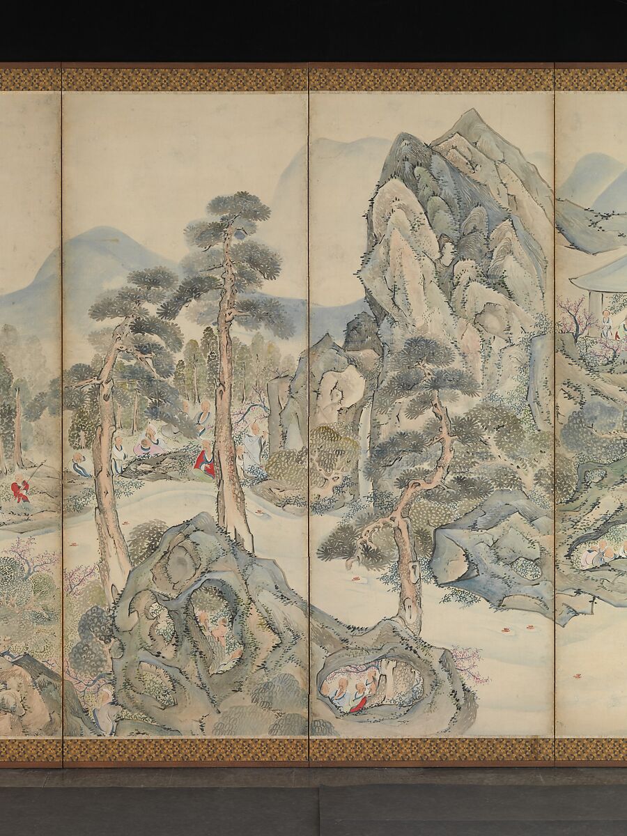 Orchid Pavilion Gathering; Autumn Harvest Festival, Ike no Taiga (Japanese, 1723–1776), Pair of six-panel folding screens; ink and color on paper, Japan