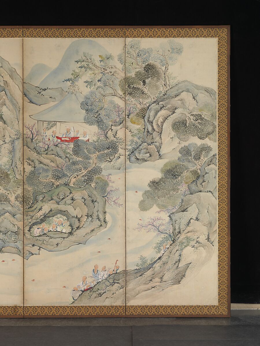 Orchid Pavilion Gathering; Autumn Harvest Festival, Ike no Taiga (Japanese, 1723–1776), Pair of six-panel folding screens; ink and color on paper, Japan