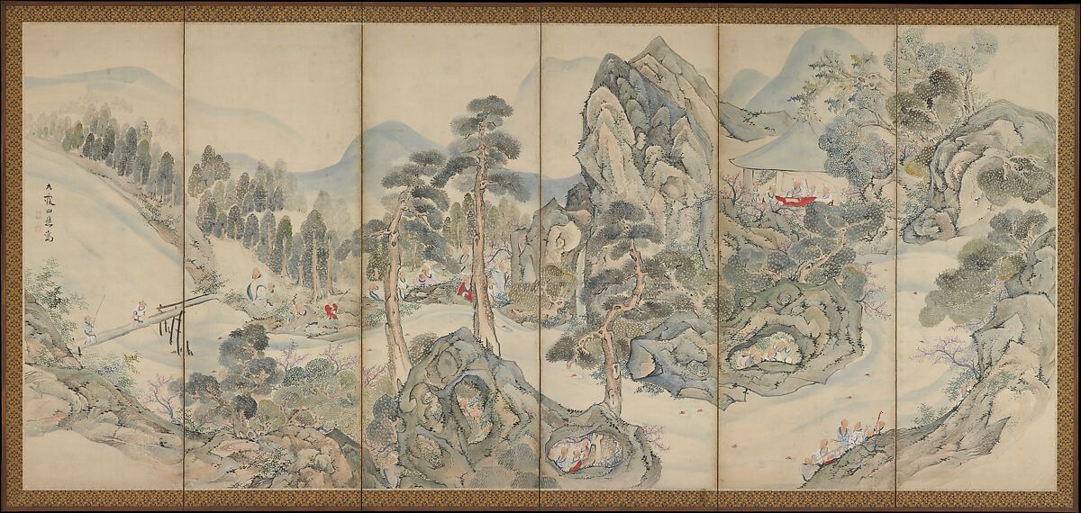 Orchid Pavilion Gathering; Autumn Harvest Festival, Ike Taiga (Japanese, 1723–1776), Pair of six-panel folding screens; ink and color on paper, Japan 
