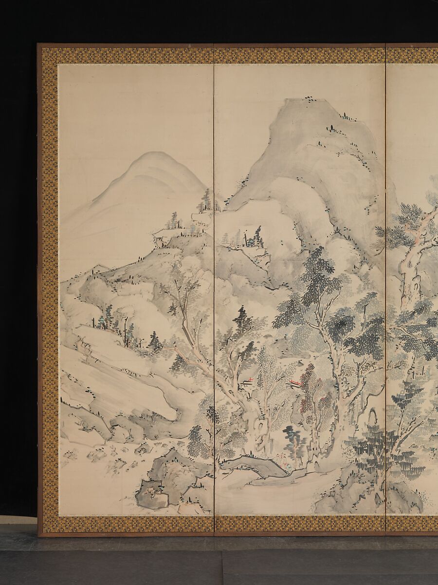 Orchid Pavilion Gathering; Autumn Harvest Festival, Ike no Taiga (Japanese, 1723–1776), Pair of six-panel folding screens; ink and color on paper, Japan
