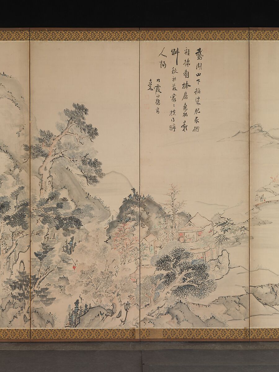 Orchid Pavilion Gathering; Autumn Harvest Festival, Ike no Taiga (Japanese, 1723–1776), Pair of six-panel folding screens; ink and color on paper, Japan