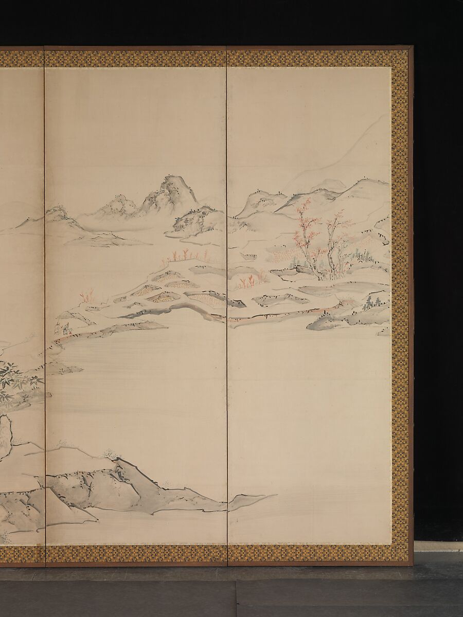 Orchid Pavilion Gathering; Autumn Harvest Festival, Ike no Taiga (Japanese, 1723–1776), Pair of six-panel folding screens; ink and color on paper, Japan
