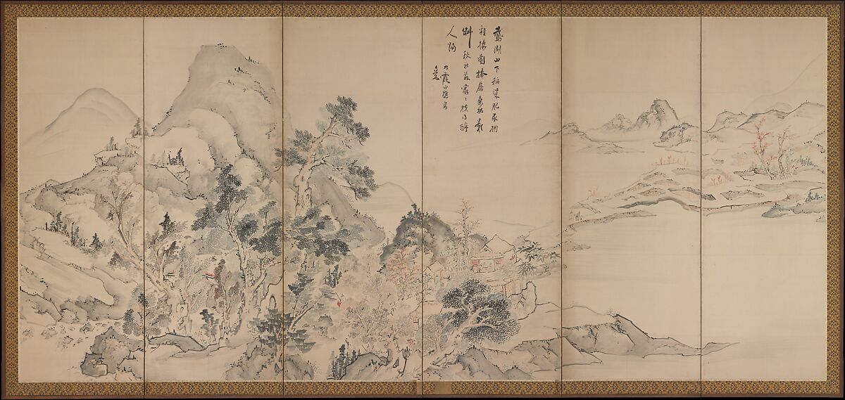 Orchid Pavilion Gathering; Autumn Harvest Festival, Ike no Taiga (Japanese, 1723–1776), Pair of six-panel folding screens; ink and color on paper, Japan