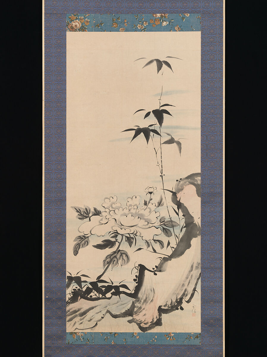 Peony and Bamboo, Ike (Tokuyama) Gyokuran (Japanese, 1728–1784), Hanging scroll; ink and color on paper, Japan 