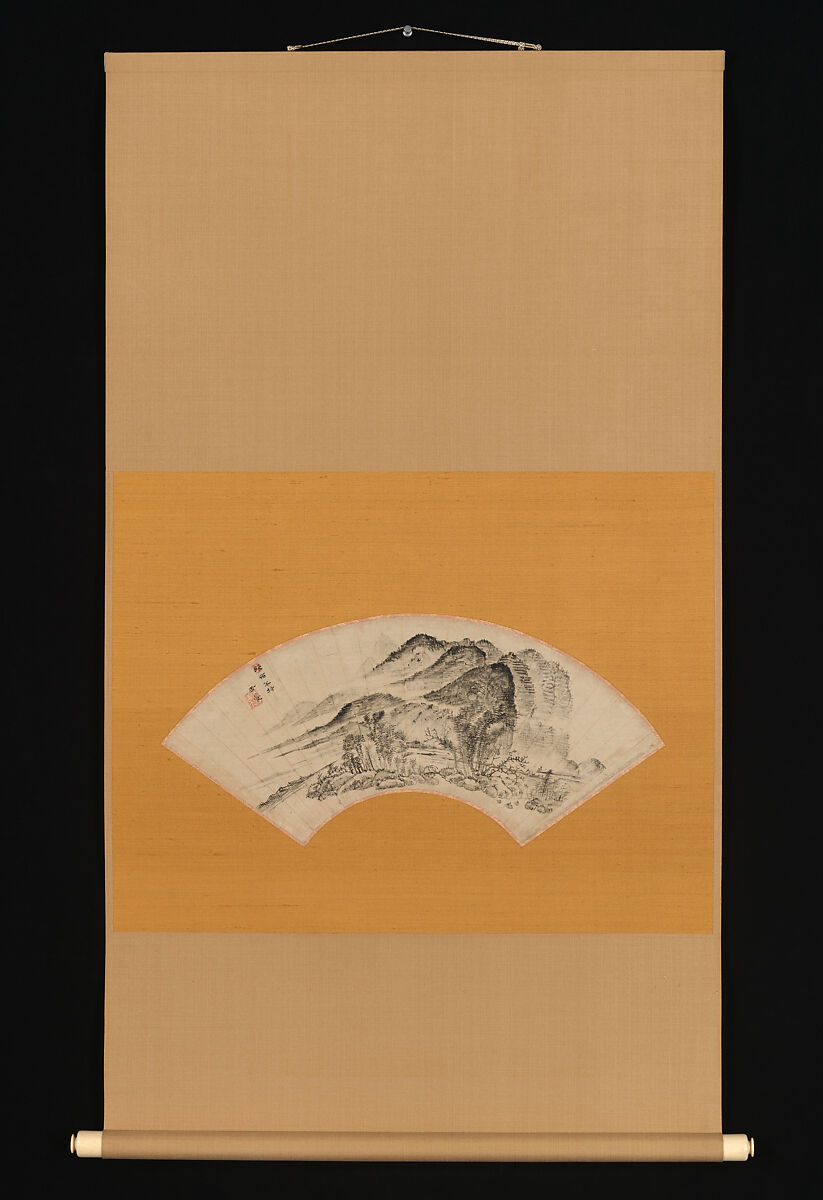 Lingering Rain over Half the Village, Urakami (Uragami) Gyokudō (Japanese, 1745–1820), Folding fan mounted as a hanging scroll; ink on paper, Japan
