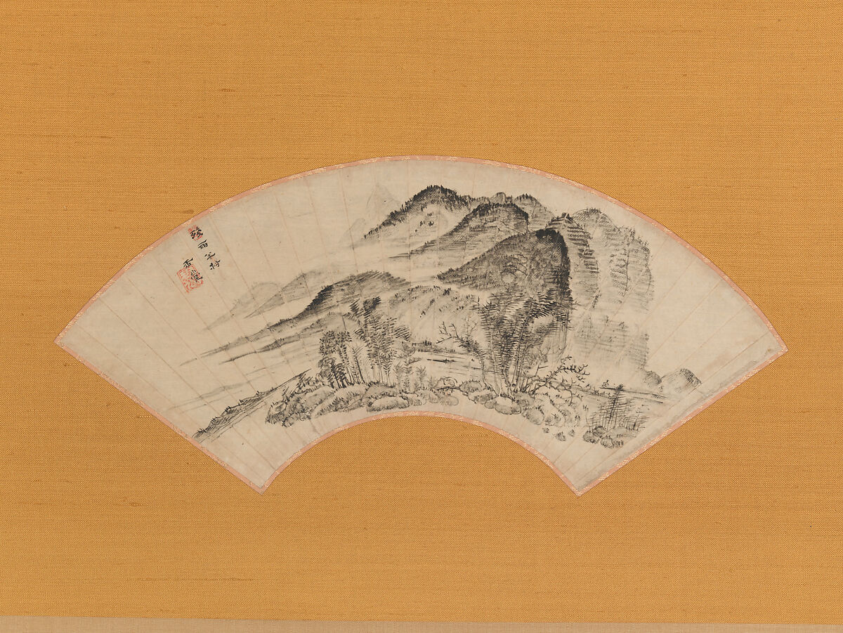 “Lingering Rain over Half the Village”, Urakami (Uragami) Gyokudō 浦上玉堂 (Japanese, 1745–1820), Folding fan mounted as a hanging scroll; ink on paper, Japan 
