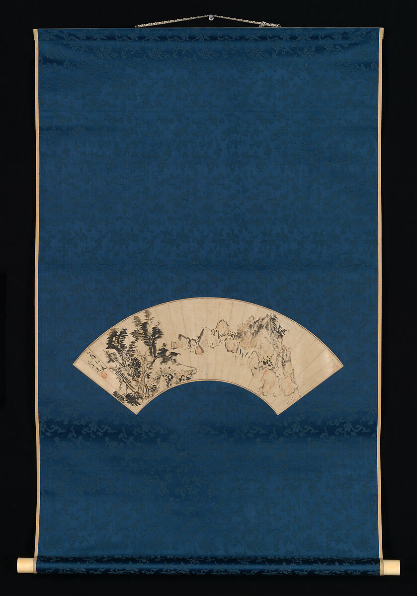 Preparing Tea by a Mountain Gorge, Aoki Mokubei (Japanese, 1767–1833), Folding fan mounted as a hanging scroll; ink and color on paper, Japan