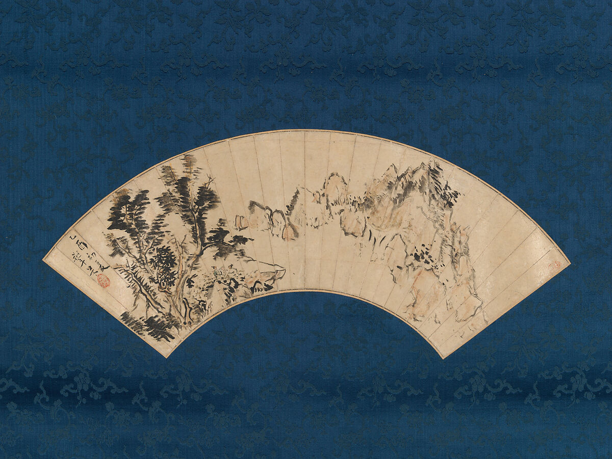 Preparing Tea by a Mountain Gorge, Aoki Mokubei (Japanese, 1767–1833), Folding fan mounted as a hanging scroll; ink and color on paper, Japan 