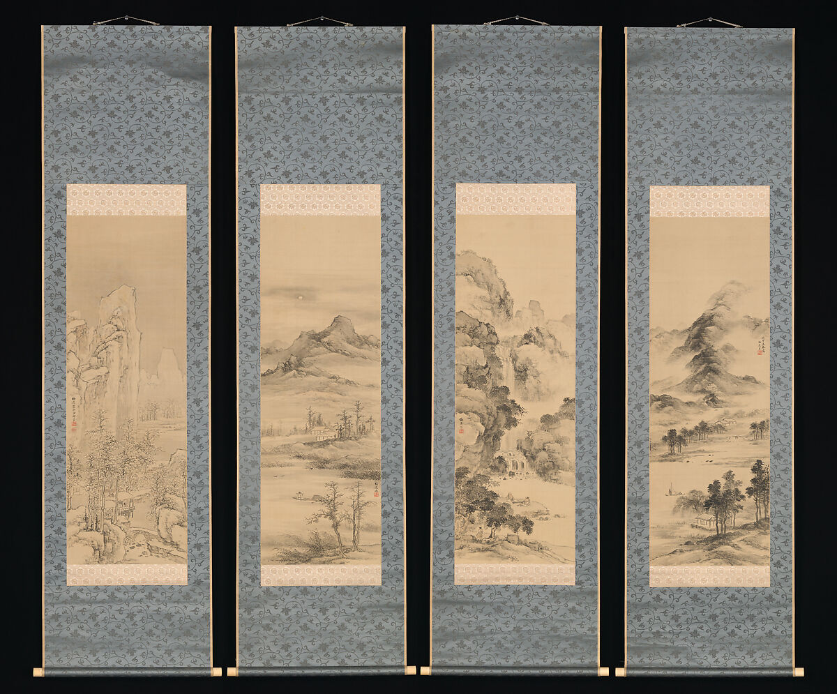 Landscapes of the Four Seasons, Yamamoto Baiitsu (Japanese, 1783–1856), Set of four hanging scrolls; ink and color on silk, Japan 