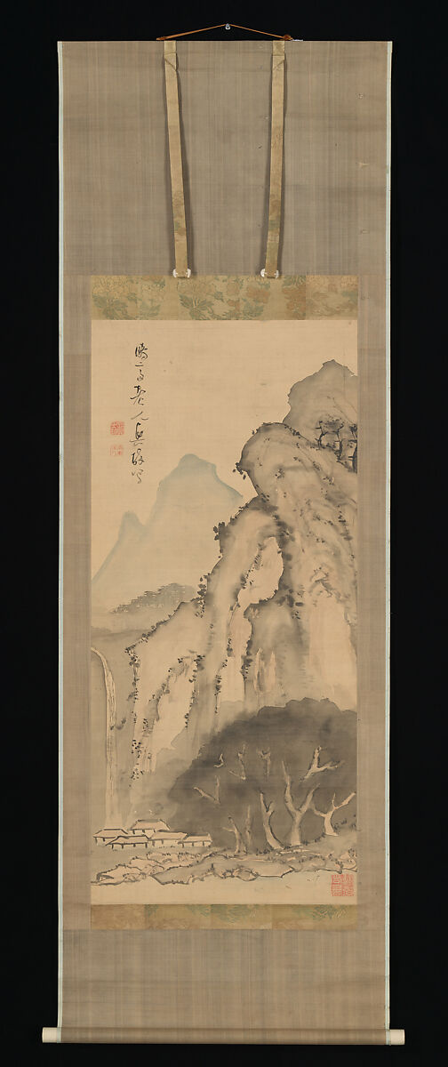 Landscape with Waterfall, Kameda Bōsai (Japanese, 1752–1826), Hanging scroll; ink and color on silk, Japan