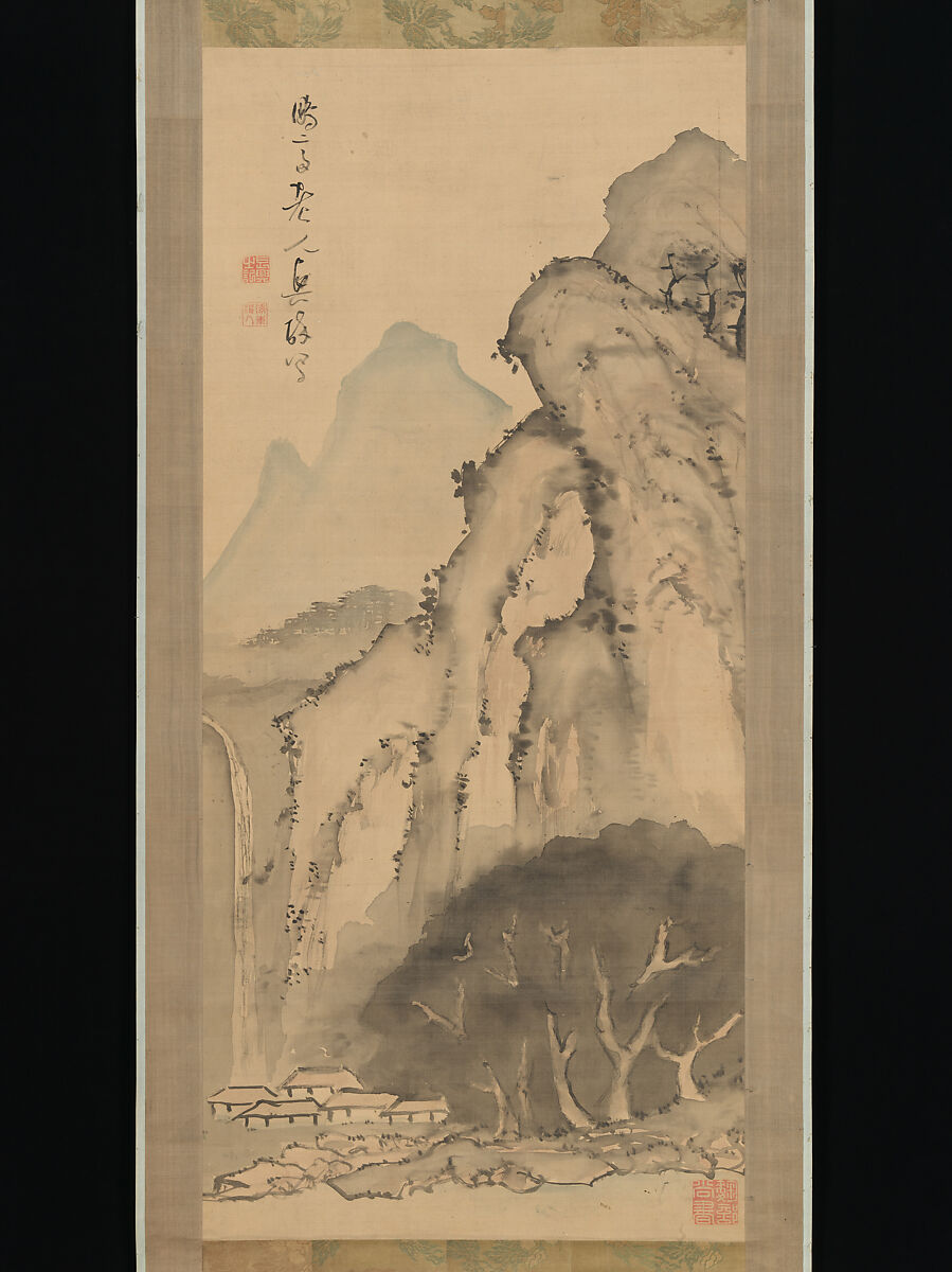 Landscape with Waterfall, Kameda Bōsai (Japanese, 1752–1826), Hanging scroll; ink and color on silk, Japan 