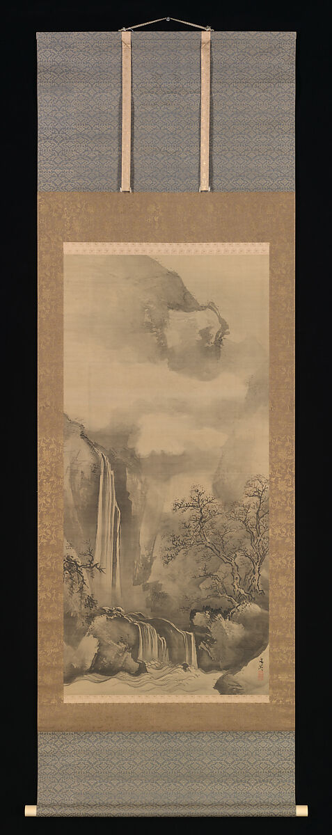 Landscape with Waterfall, Tani Bunchō (Japanese, 1763–1840), Hanging scroll; ink on silk, Japan