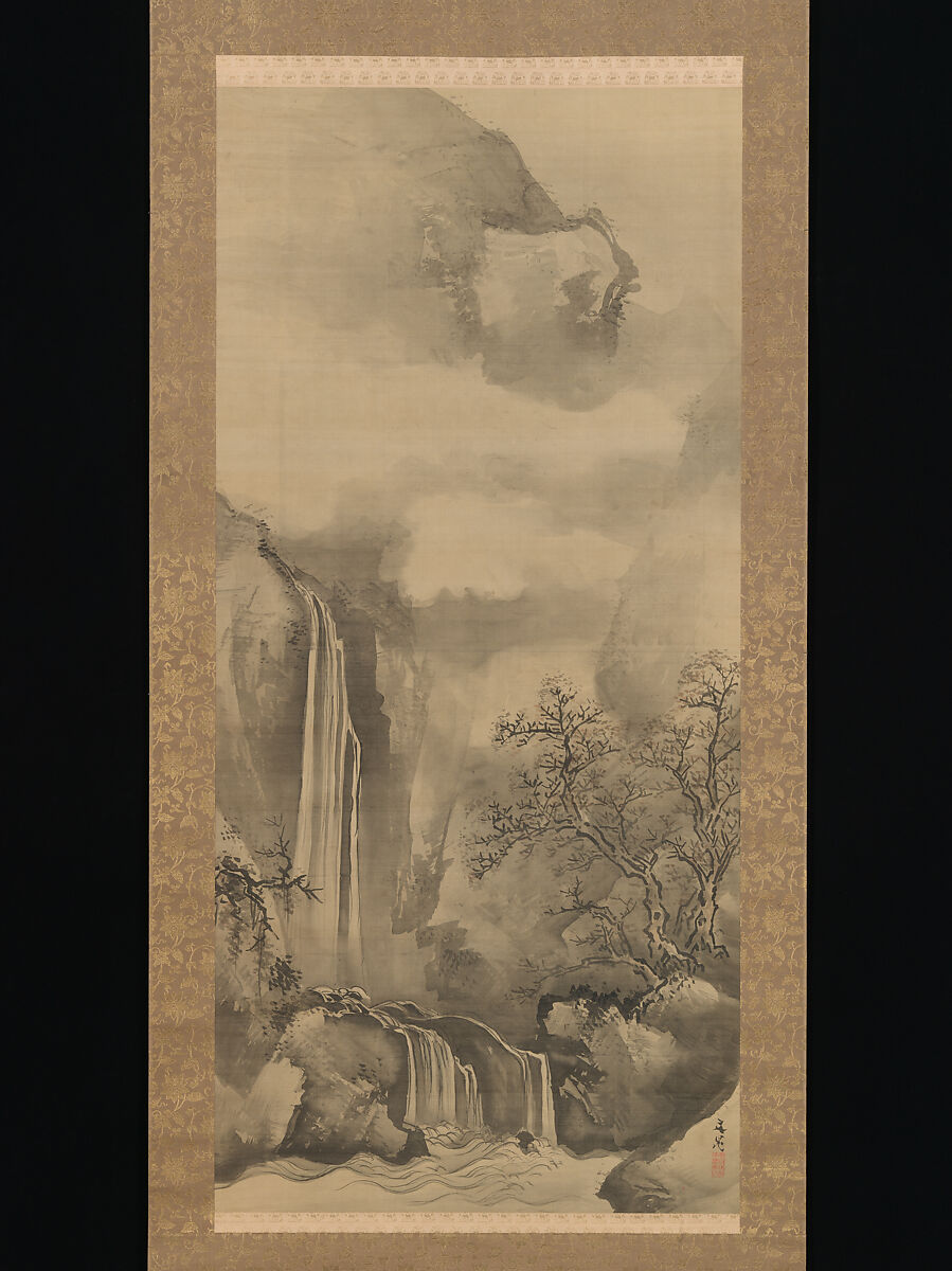 Landscape with Waterfall, Tani Bunchō (Japanese, 1763–1840), Hanging scroll; ink on silk, Japan 