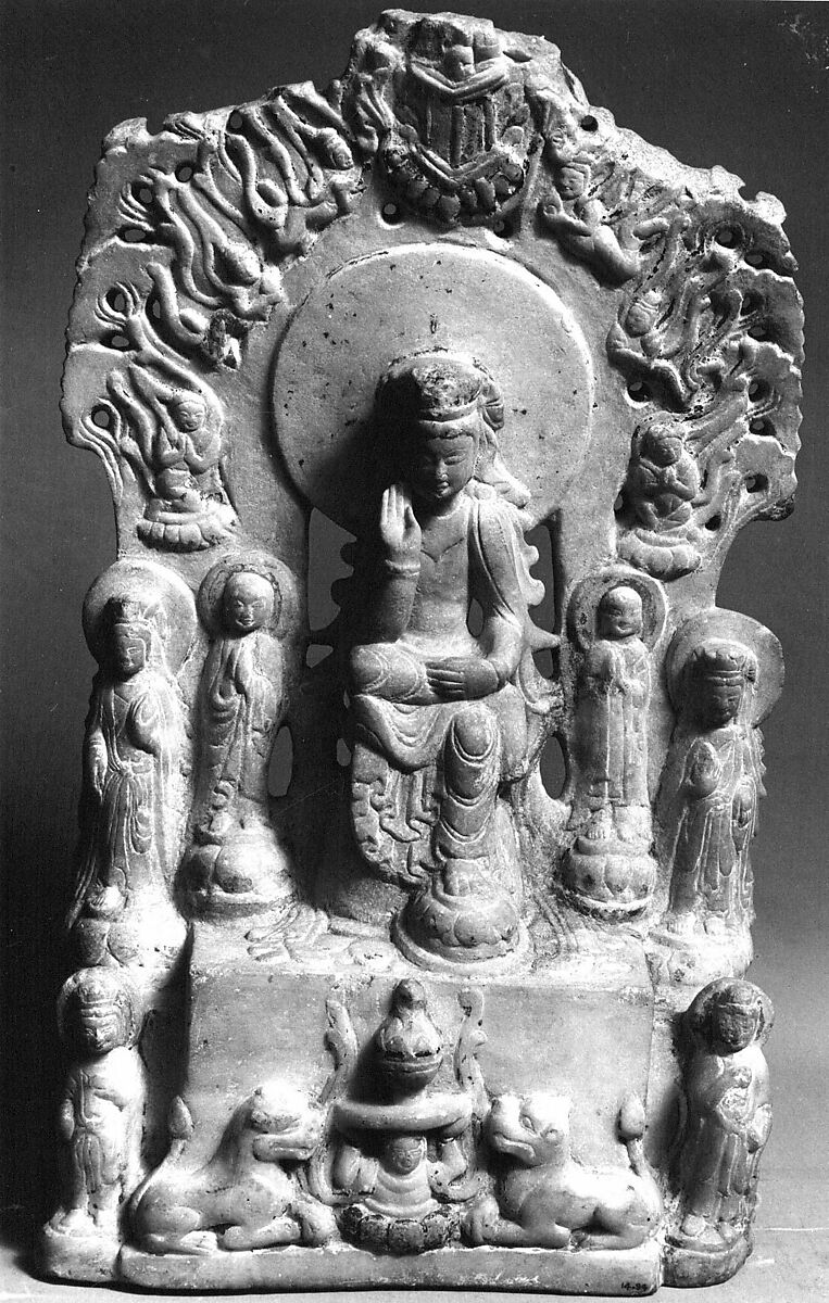 Stele with seated Buddha (Maitreya) and attendant bodhisattvas, Alabaster, China 